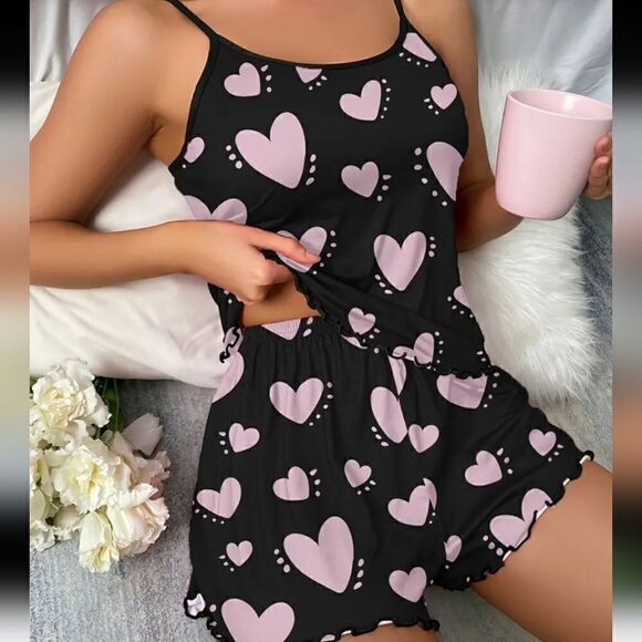 Black and Pink Heart Print Pajama Set Sleeveless Stretch Sleepwear Size XL - Picture 5 of 5